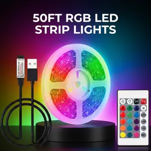 50ft RGB LED Strip Lights, Color Changing Room Lights with 24-Key Remote Control, USB Powered LED Light Strips for Bedroom, Kitchen, Party, TV Backlight, DIY Mood Lighting