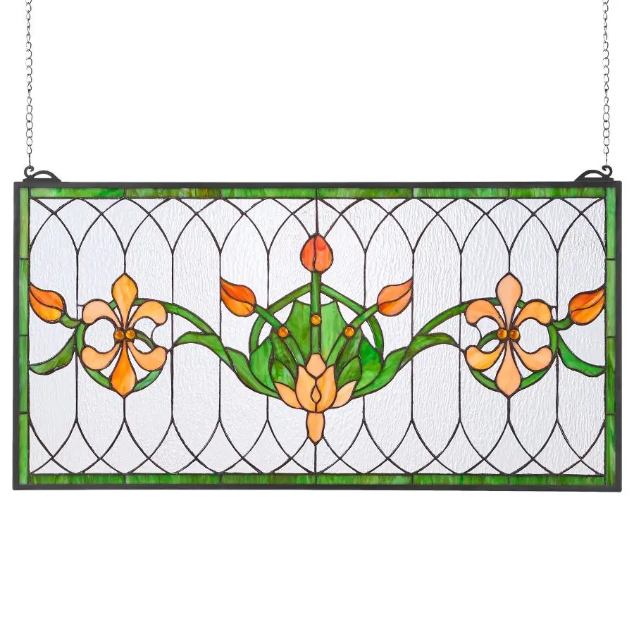 VEVOR Stained Glass Window Panel, 32x 17 in, Tiffany Style Hanging Transom Window Panel with Chain, Large Horizontal Rectangle Stain Glass, Vintage Traditional Art Handcrafts for Kitchen Home Decor