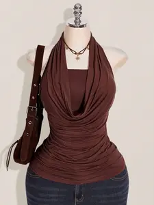 ICON Plus Size 2pcs Western Women Going Out Summer Boho Halter Neck Brown Backless Women Tank Tops & Camis Brown Halter Top Dark Brown Top Cowl Neck Top,Going Out Tops