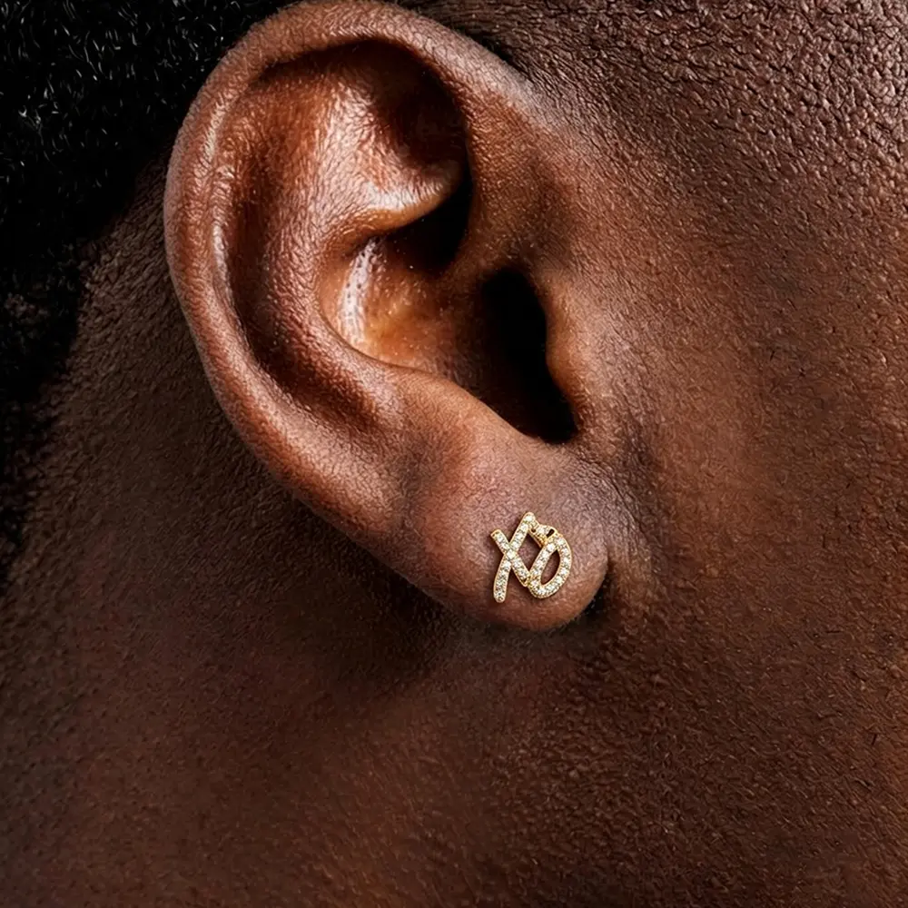 XO Cubic Zirconia Stud Earrings - Hypoallergenic Gold Plated Non Tarnish Pave Letter Hip-Hop Jewelry
