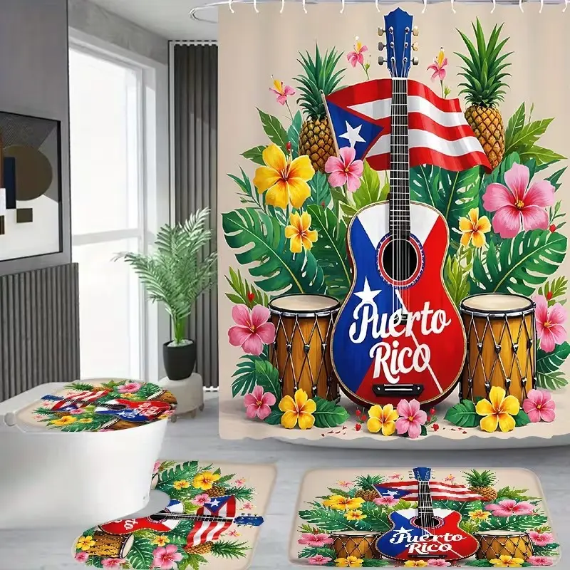 1/4-piece Puerto Rican music and bilingual flag design shower curtain set, Decorative Shower Curtain, includes shower curtain, toilet seat cover, rectangular mat, U-shaped mat, Bathroom Decoration Accessories, Bath Curtains Shower