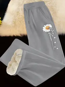 Women's Fleece Lined Thick Long Pants, Floral Heart Letter Print, Lamb Wool Inner Warmth, Casual Fall Winter Straight Leg