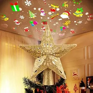Brightown Christmas Tree Topper with 6 Projection Modes 9.8" Star Topper LED Rotating Lights Golden Spangles Plug-in for Festive Decorations