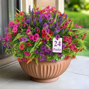 Alupssuc 24-Bundle UV-Resistant Artificial Flowers, Faux Eucalyptus Violet Lavender Mix 3-Color Silk Plants for Outdoor Planters, Indoor Home Patio Decor,Flexible DIY Stems
