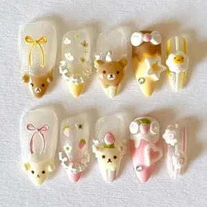 T97 Lynn Bear Egg Strawberry 3D Press-On Nails, Daisy Bow Ice Cream Art, Sweet Pastel Bakery Style, Y2K Handmade Nails, Kawaii Vibes, Gift for Her
