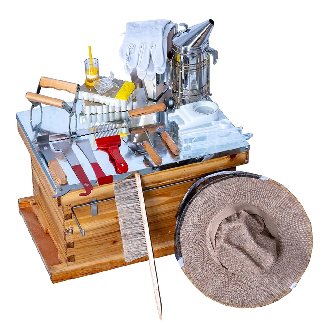MayBee Hives Heavy Wax-Coated Cedarwood 10-Frame Langstroth Deep Box Beekeeping Starter Kit for Beginners - 22 PCS Safety Tools, Beeswaxed Food Grade Plastic Foundations, Bee Feeder, Cleaning Shovel, Frame Holder, Heavy Wax Coated Cedarwood Beehive, Beesw