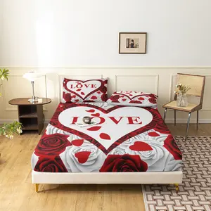 3pcs Set Romantic Love Letter Rose Fitted Sheet Smooth Gentle Fabric Elegant Heart Petal Pattern Bedding Soft Comfy Bedding Ideal For Premium Bedroom Family Decor And Household Arrangement (1 Fitted Sheet + 2 Pillowcases No Comforter No Pillow)