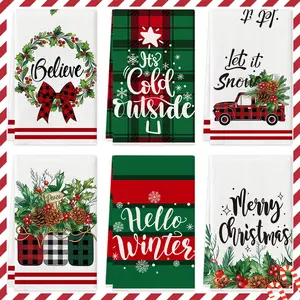 4pcs Christmas kitchen towels, bow Christmas wreaths, vintage truck Christmas potted plant design, tea towels, cleaning towels, easy to clean dishwashing towels, suitable for holiday party decoration, kitchen and bathroom home decoration, gifts