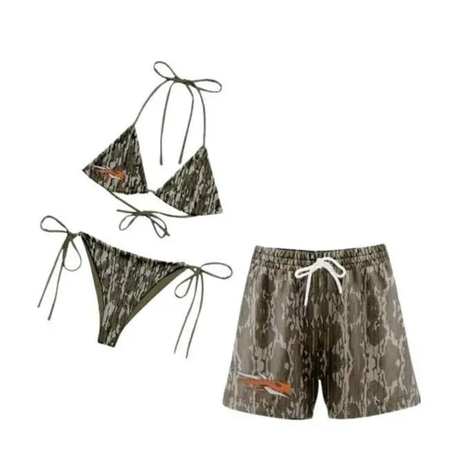 Vintage Camouflage Swimwear Set for Couples -Swim Bra & Tie Side Bikini + Men's Beach Shorts, Summer Vacation Swimsuit, Hawaiian Shirt Style, Aloha Beach Outfit, Casual Holiday Bathing Suits, Menswear & Womenswear