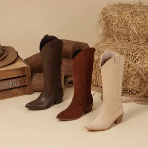 【Rodeo Boots】Wranglette Western Embroidered Cowboy Boots for Wide Calf Women - Pointed Toe Knee-High Cowgirl Boots with Block Heel, Retro Embossed Pattern, Side Zipper, Beige Suede Footwear for Casual & Rodeo Looks Beige Suede Walking Shoes Decor