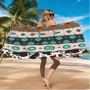 Western Ethnic Cow Print Patchwork Beach Towel Blends Aztec Totems, Turquoise Retro Patterns, And Cow Print For Wild Vintage Vibes. Quick-Dry Breathable Fabric Suits Beach, Pool, Or Picnic. Hd Digital Print Keeps Colors Vivid And Patterns Lively.