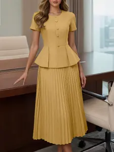Women's Elegant Solid Color Set, Womenswear Clothes, Round Neck Short Sleeve Belted Shirt A-Line Pleated Midi Skirt Design, Daily Commute