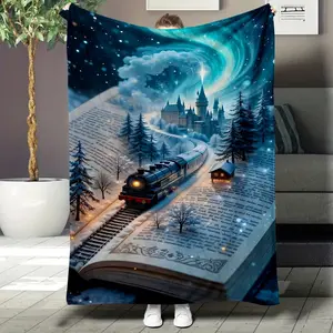 The Hogwarts castle under the starry sky with a magical train is perfect for sofa, living room decoration, sofa blanket, fleece blanket, nap blanket, plush texture, Soft Fleece Blanket