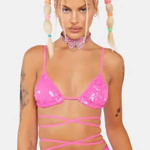 Pink Sequins Rave Outfit for Women - Cute Top and Bottom Set - Womenswear