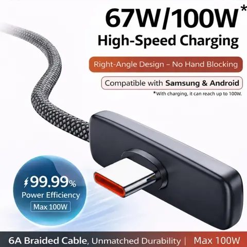 90° No Hand Block Wired USB Type-C Braided Cord, 240W 5A/6A Fast Charging PD PPS, 100W/67W/45W Right Angle Cable for iPhone 15/16/17 Pro Max, Samsung Android Devices