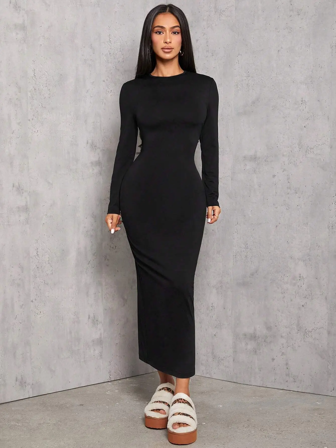 black dress long lace sleeves Elegant Black Lace Long Sleeves Sheath Evening Dress SF038