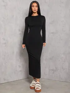 PETITE Solid Color Pleated Waist Long Sleeve Maxi Dress Slim Fit Elegant Fall Dress for Women Crew Neck Bodycon Outfit Soft Stretch Fabric Daily Office Dinner Party Wear Machine Washable