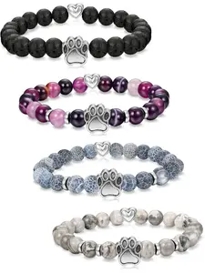 4 Pcs Vivid Bright Colored Beaded Bracelets for Women Men Must-have Collection for Pet Owners Textured Natural Mixed Stones Beads Reinforced Durable Alloy Lovely Heart Paw Print Pendant Decorative Detail Rustic Unisex Ornaments Minimalist Daily Fashion
