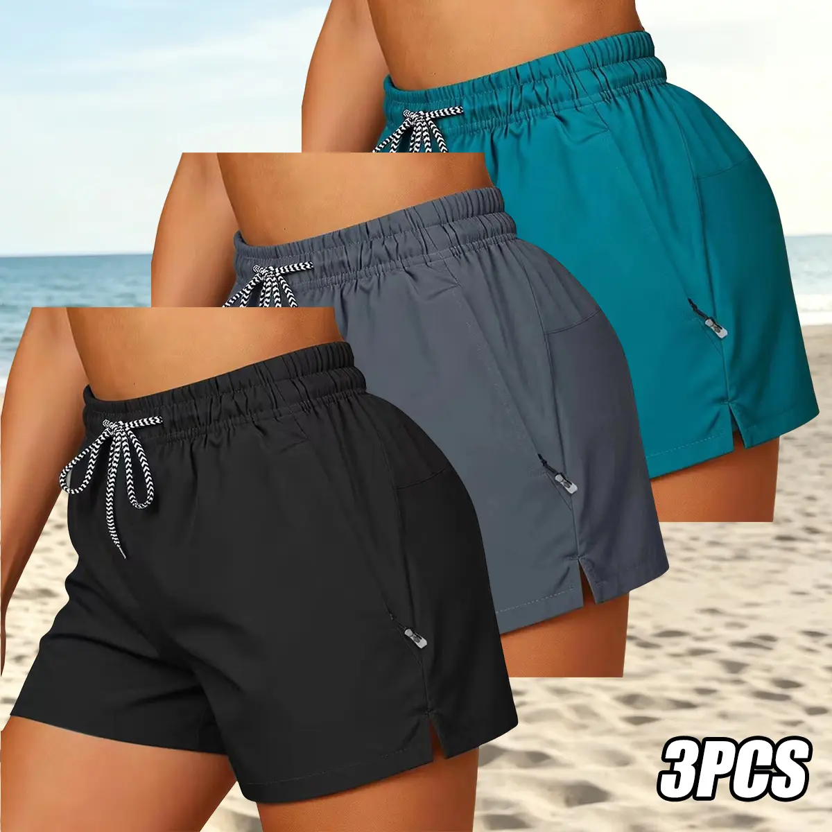 Women's Mid-Waist Polyester Activewear Sportswear Bottoms - 3-Pack Regular Shorts, Quick-Dry, Zip Pockets, Internal Drawcord Waistband, Suitable for Fitness Training, Everyday Wear