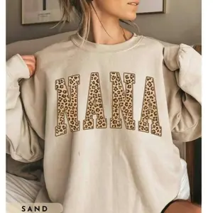 Nana Short Sleeved Sweatshirt, Leopard Nana, Mothers Day Gift for Grandma, Birthday Nana Sweater, Cotton Polyester Mix