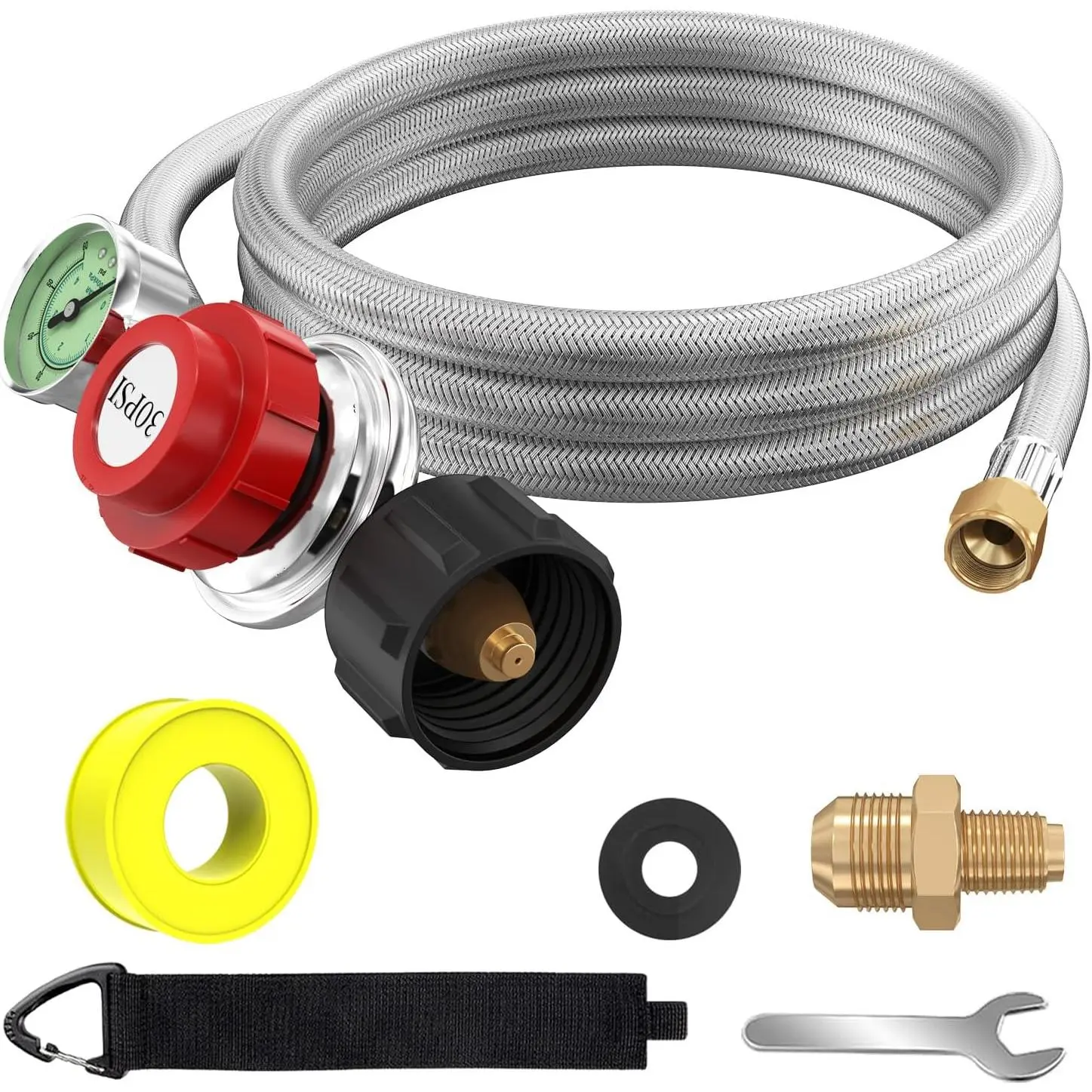 5FT 0-30 PSI Adjustable High   Regulator with Gauge 0~60PSI Gas Flow  QCC1 Stainless  Hose with 3/8 Flare x 1/8 MNPT Fits for LP Gas Cooker, Burner, , Turkey Fryer