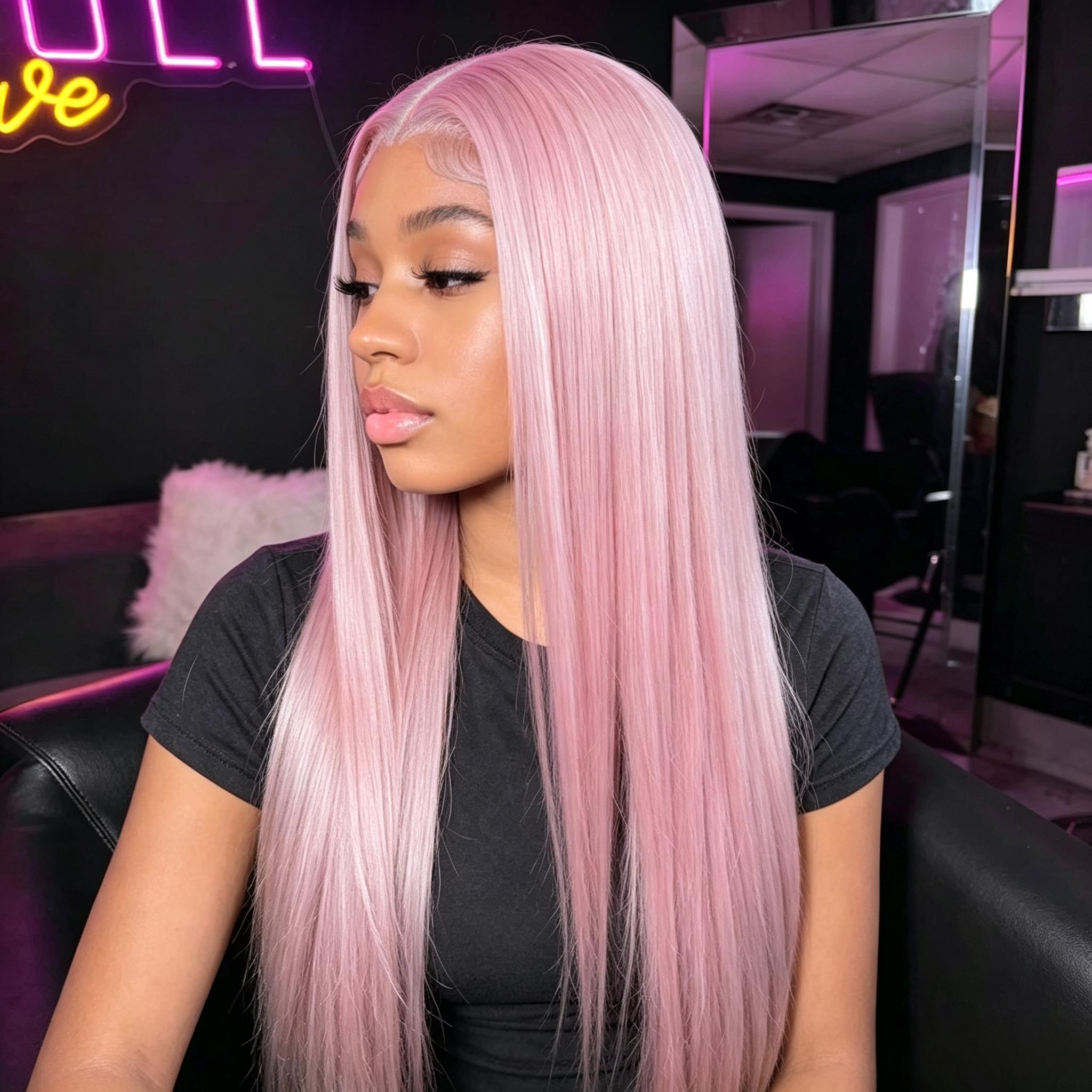 Glueless Pastel Pink Straight Lace Front Wig Long Silky Synthetic Hair Wigs with Natural Baby Hair for Women Cosplay Party Daily Wear