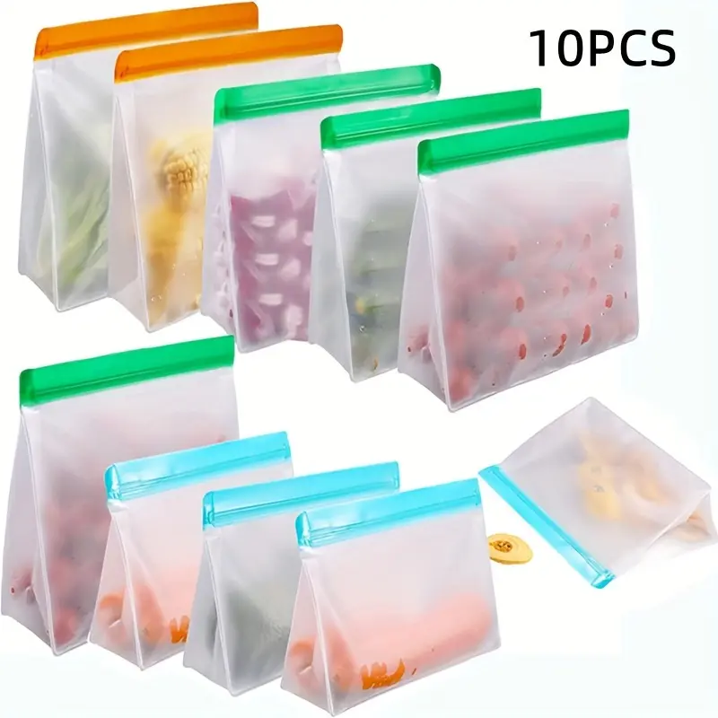10 Pack Reusable Silicone Food Storage Bag, Leak Proof And Reusable Freezer Bag, Travel/home Stand Up Storage Bag, Kitchen Ziplock Bags, Vacuum Sealer Bags for Sandwich, Snack (excluding Bisphenol A)