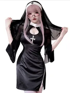 Adult Cosplay Vampire Nun Costume, Gothic Cross Design, Halloween Role Play, Fitted Solid Pattern, All Seasons Wear