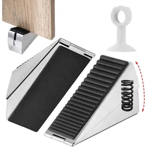 Heavy Duty Door Stopper, Adjustable Spring Door Stopper Up to 3 inch Tall for Bottom of Door, Stainless Steel  Rubber Door Wedge for Any Heavy Doors, 2 Pack & 1 Wall Protector