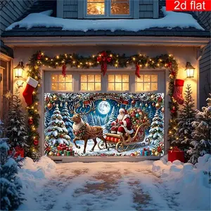 1pcFestive Polyester Christmas Garage Door Banner, Large Santa & Reindeer Sleigh Wall Art Decor, Perfect for Home Car Entrance Holiday Celebrations