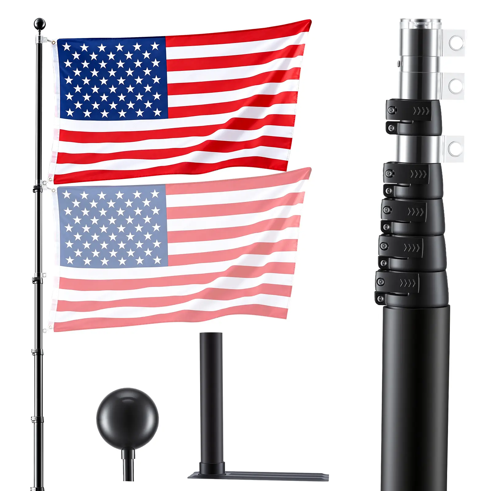 VEVOR Flag Pole, 20ft Heavy Duty Telescopic Flagpole Kit with Mounting Base for Vehicles, Extra Thick Outdoor Aluminum Flagpole Kit with 3x5 American Flag for Sedans, Pickups, RVs, Food Trucks, Black