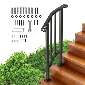 Handrails for Outdoor Steps, 1-2 Step Stair Hand Rail Kit, Transitional Carbon Steel Railings with Installation Kit, Stair Rails for Seniors, Concrete Steps & Porch & Deck, Black Retro Arch