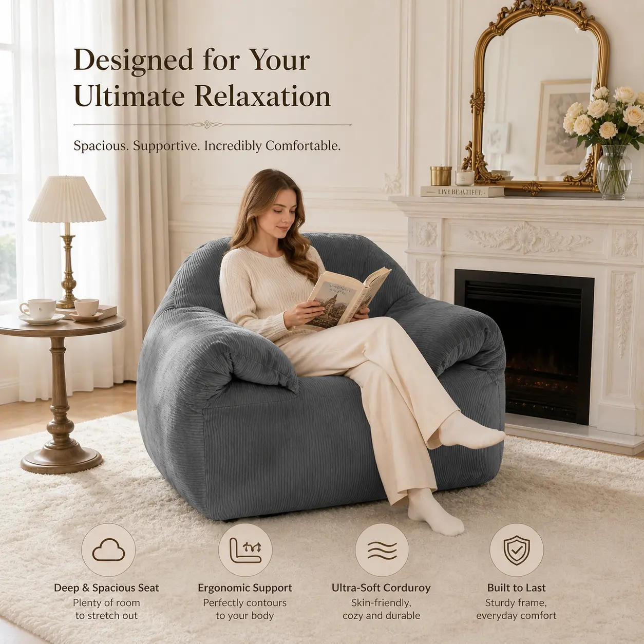 Big Bean Bag Chair for Adults, Giant Oversized Bean Bag Couch, Comfy Reading Chair with Armrests, Soft Cozy Chair for Bedroom, Lounge Sofa for Gaming, Napping & Relaxing