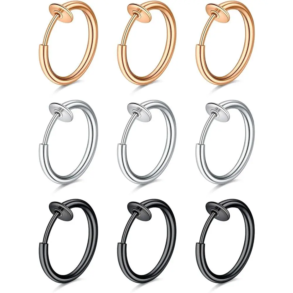 Fake Nose Rings Hoop Clip on Spring Fake Hoop Earring Stainless Steel Retractable Faux Helix Cartilage Ear Lobe Conch Earrings Fake Nose Lip Ear Piercing Jewelry for Women Men