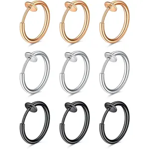 Fake Nose Rings Hoop Clip on Spring Fake Hoop Earring Stainless Steel Retractable Faux Helix Cartilage Ear Lobe Conch Earrings Fake Nose Lip Ear Piercing Jewelry for Women Men