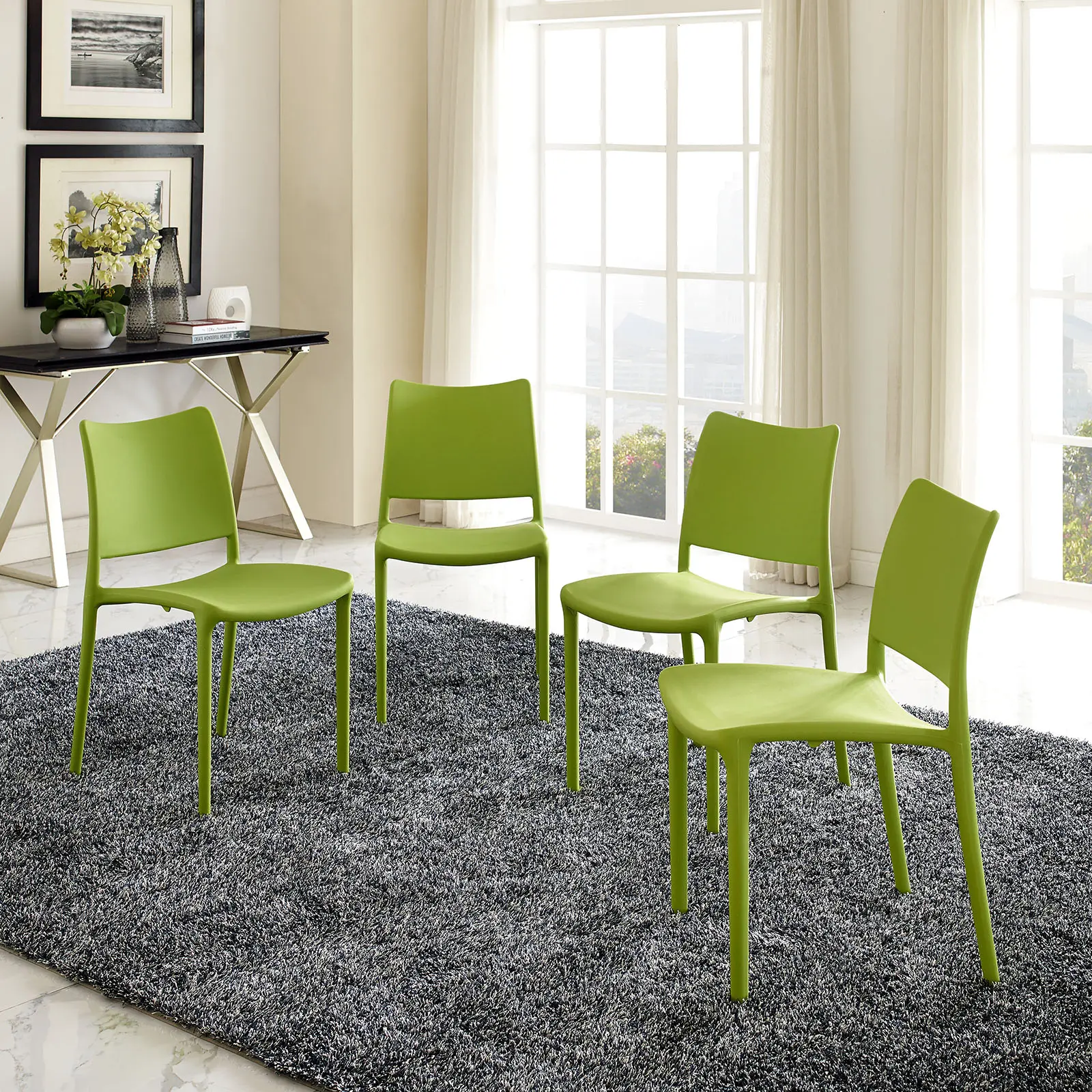 Modway Hipster Modern Style Dining Side Chairs, Set of 4, Green, Contoured Seats, Minimalist Stackable Chairs with Organic Design, Minimalist Chairs