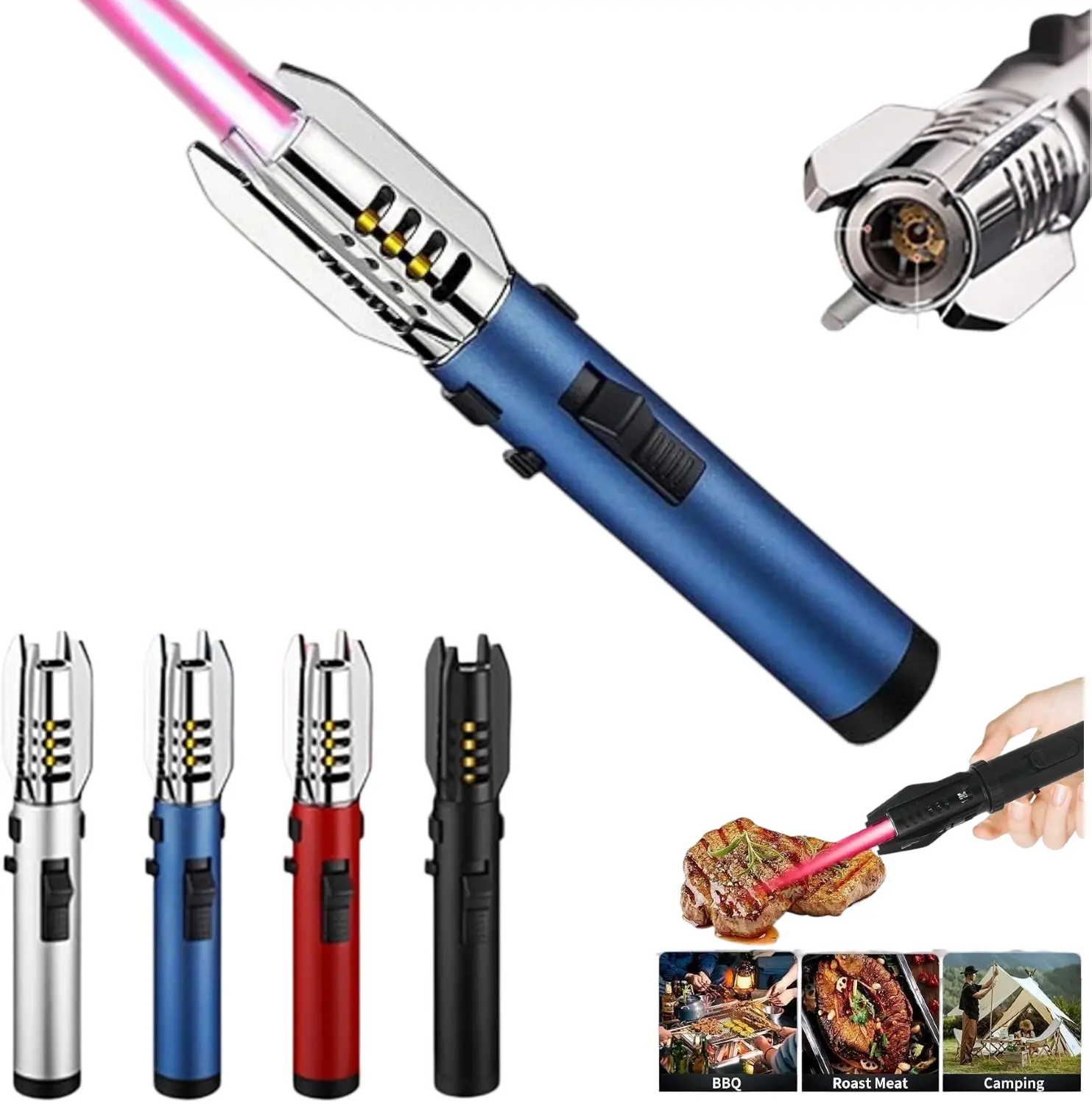 Adjustable Red/Blue Flame Torch Lighter – Refillable Butane（Butane gas-free）, Windproof Jet Flame with Safety Lock, for Candles, Campfires, BBQ, Baking & Camping – Premium Gift for Men & Women