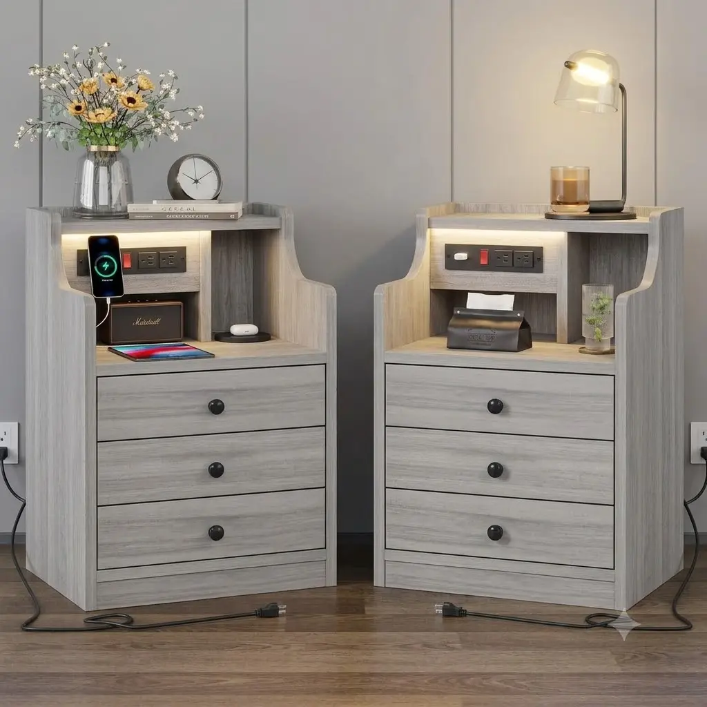 Sikaic Set of 2 Grey Nightstands with Charging Station, 3 Drawer Nightstand with USB Ports for Bedroom Furniture