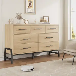 Spacious 7-Drawer Entryway Storage Cabinet - Freestanding Wooden Hallway Dresser, Vertical Organizer for Bedroom & Living Room, Modern Closet Chest, Metal Legs, Natural Oak Finish