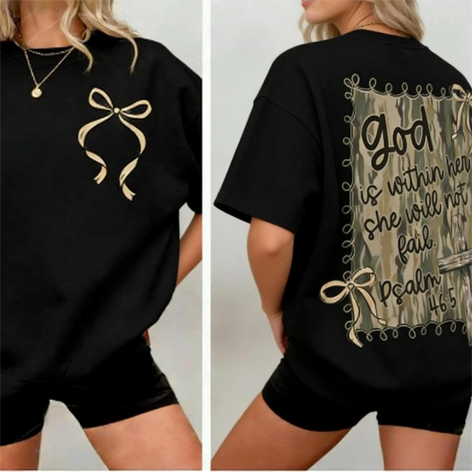 God is Within Her She Will Not Fail Bible Verse 2 Sided Sweater, Camo Coquette Bow Tee, Psalm 465 Camoflauge Gifts,shop,Casual