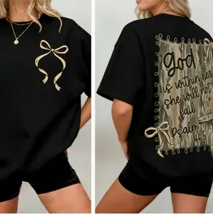 God is Within Her She Will Not Fail Bible Verse 2 Sided Sweater, Camo Coquette Bow Tee, Psalm 465 Camoflauge Gifts