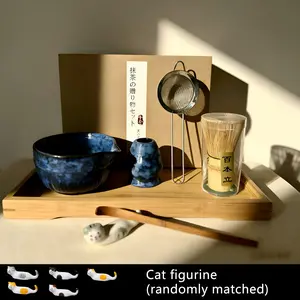 6-Piece Matcha Tea Set (no Wooden Tray), Blue Ceramic Bowl with Bamboo Spoon, Whisk & Powder Sieve, Ideal for Beginners & Daily Use, Tea Making Tools