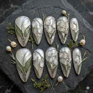 Cloisonné Lily of the Valley Press On Nails, Floral Almond Manicure Art Set