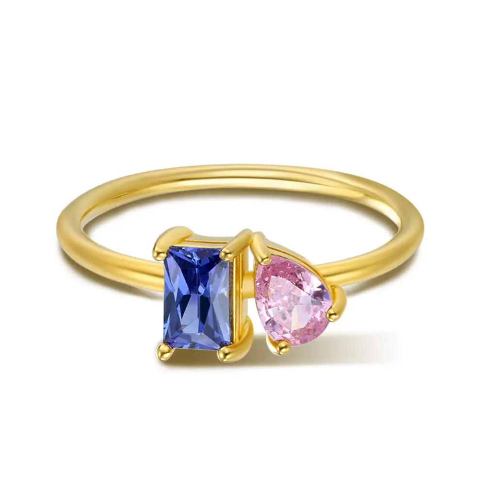 Women's Stainless Steel Rings - Customized Brass 2-Birthstone Ring, Baguette & Pear Cut, Elegant Romantic Style, Everyday Wear, Christmas Gift for Mother