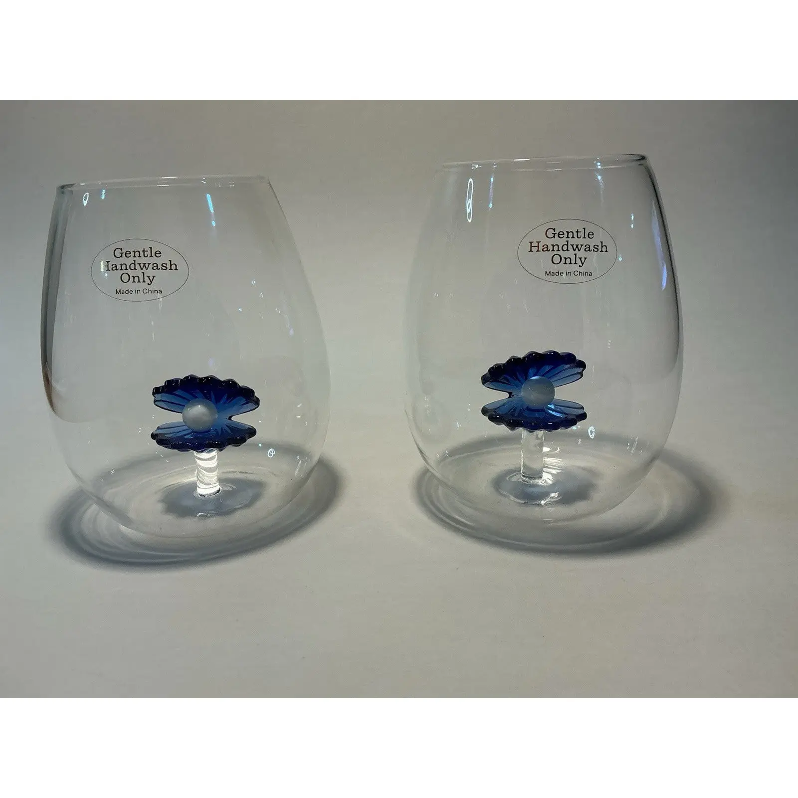 x2 Blue Floating Oyster Shell Pearl Stemless Wine Glass Set Clam Beach Ocean 5”