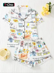 Women's Patchwork Graphic Print Pajama Set, Casual Fitted Summer Sleepwear Loungewear, Comfortable Elastic Shorts & Button-Down Top, Elegant Ladies' Nightwear