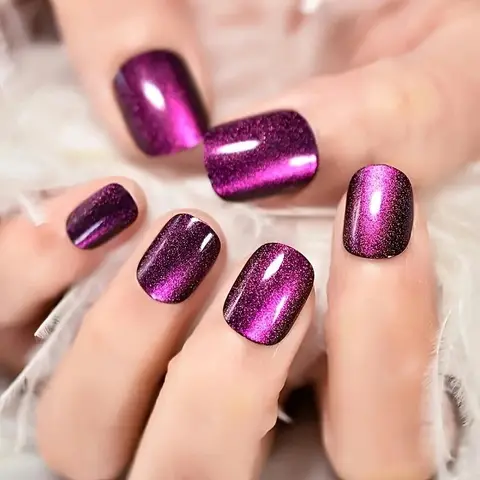 Glitter Cat's Eye Fake Nails (24pcs/box), Removable Nail Art Artificial Full Cover with Jelly Sticky Tabs & Nail Flie, Elegant Press on Fake Nail Kit, Glitter Nail Set, Nail Tips Kit, Glittering Fake Nails