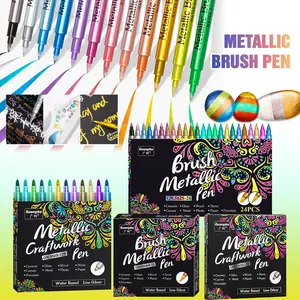 Metallic Acrylic Markers, Two Tip Paint Pens, Metal Color Signature Pens, Brush Marker Pen, Art Marker Pen, Ideal for Ceramic Glass Plastic, School Office Supplies, Perfect Gift