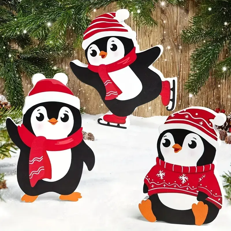 Cute Winter Penguin Layered Tray Set, Wooden Christmas Penguin Table Sign, Perfect for Party Home Decor, 3 Piece Indoor Decoration