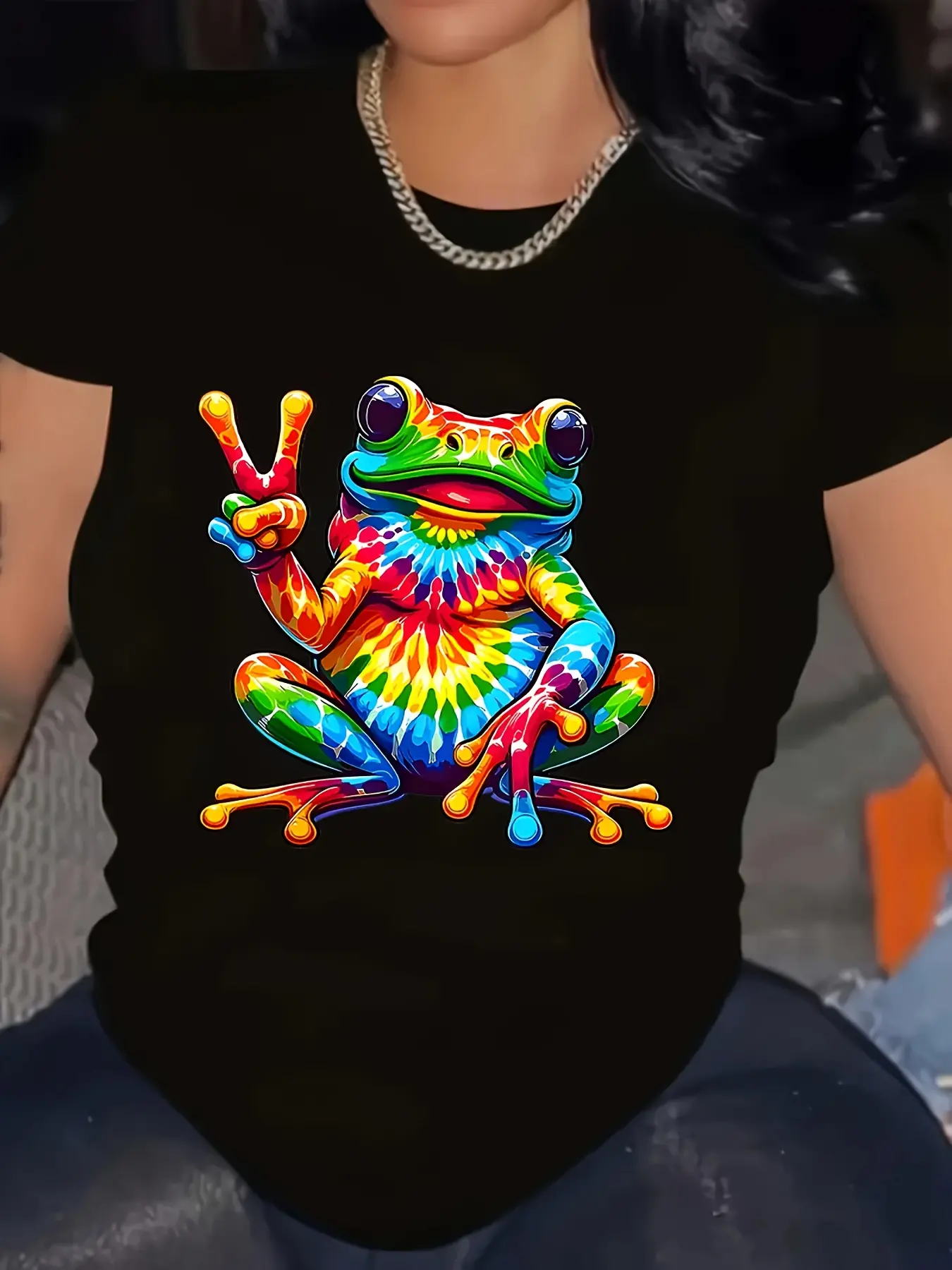 [Frog Print T-Shirt] Plus Size Frog Print Crew Nec